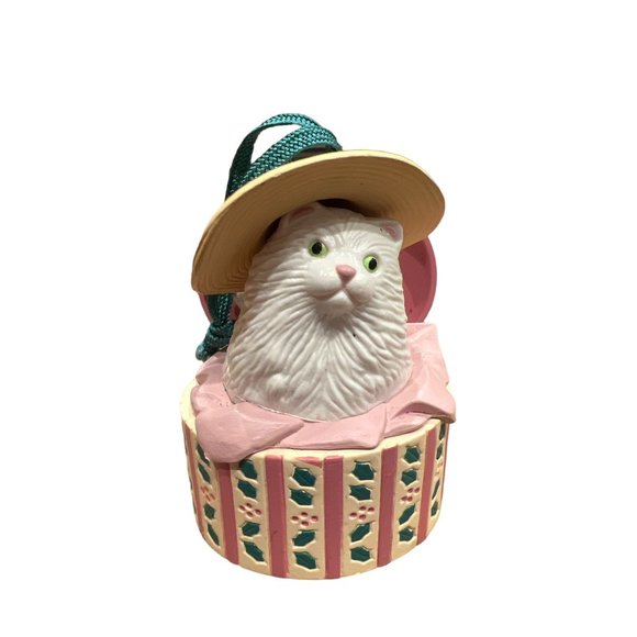 Vintage Avon Christmas Cat In Pink Box Hat Ornament - Picture 1 of 6